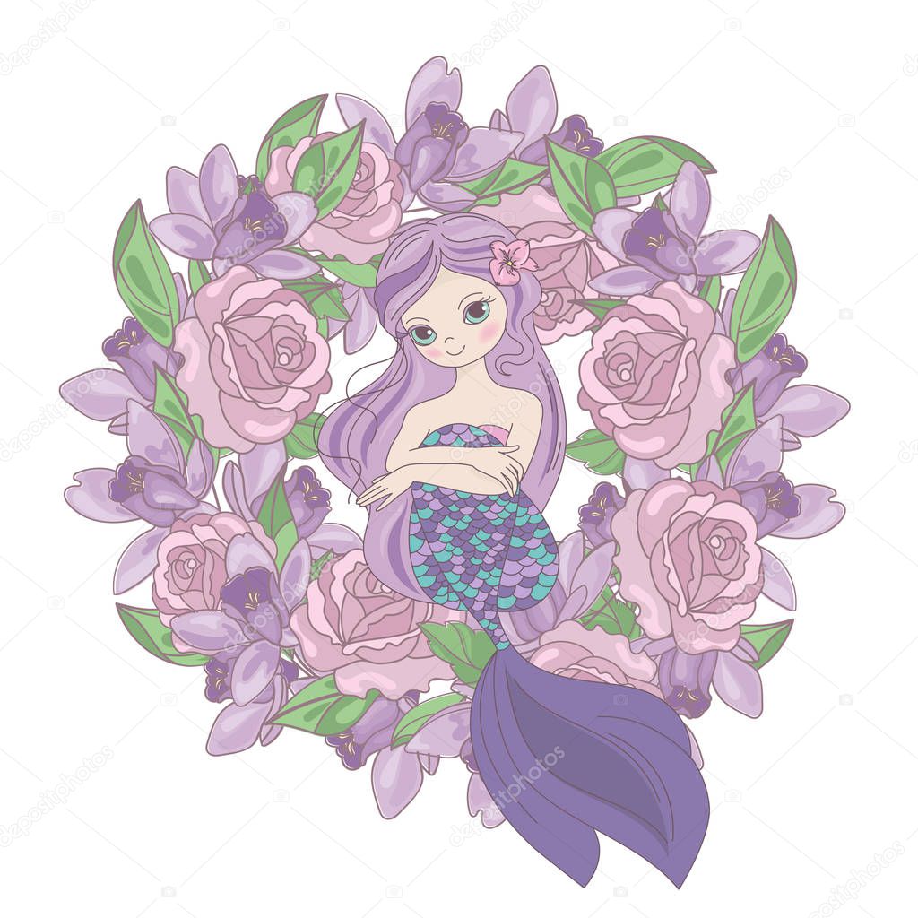 ROSE MERMAID Floral Flower Cartoon Wreath Underwater Sea Ocean Cruise Travel Tropical Holiday Wedding Vector Illustration Set for Print Fabric and Decoration