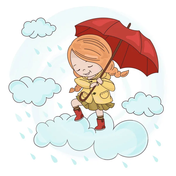 Cloud Girl Season Autumn Fall Umbrella Cartoon Vector Illustration Set — Vetor de Stock