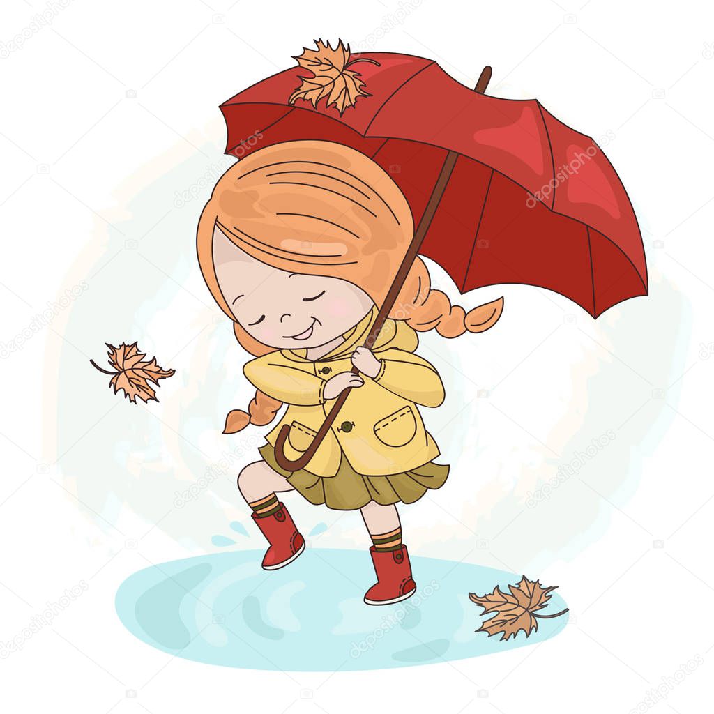 RAIN GIRL Season Autumn Fall Umbrella Cartoon Vector Illustration Set for Print Design and Decoration
