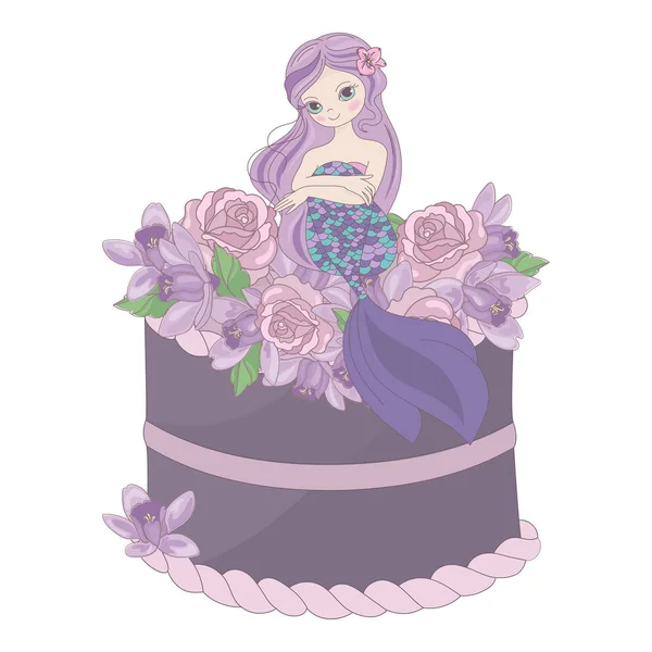 Meerjungfrau Kuchen Blumen Süße Prinzessin Party Hochzeit Einladung Gratulation Urlaub — Stockvektor