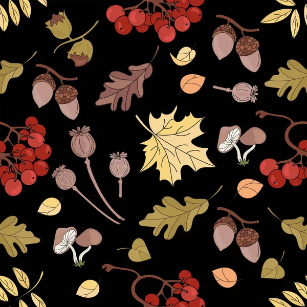 秋季枫树自然林景观秋季黑色无缝图案矢量画图印刷织物及数码纸 — 图库矢量图片