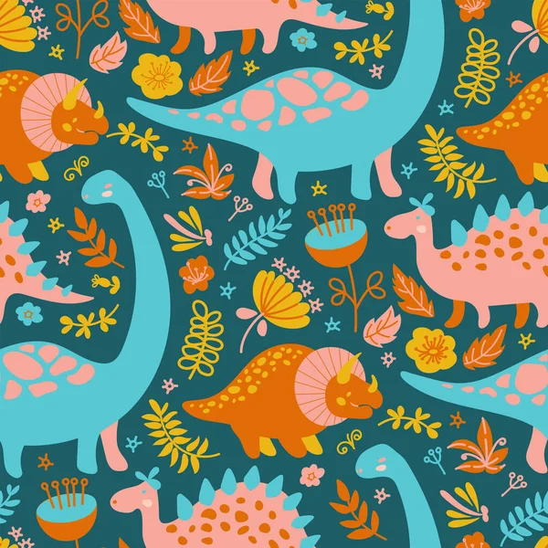 Dino Textile Grunge Prähistorischer Cartoon Animals Seamless Pattern Vector Illustration — Stockvektor