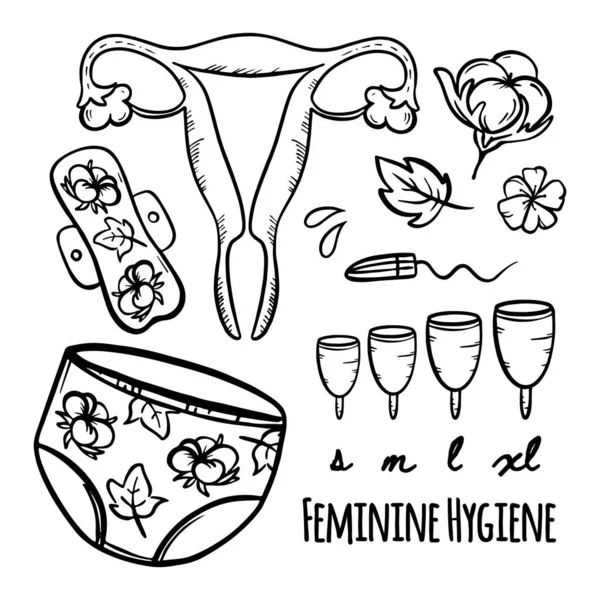 Feminine Hygiene Zero Waste 婦人科ヘルスケアハンドドローベクトルイラストセット — ストックベクタ