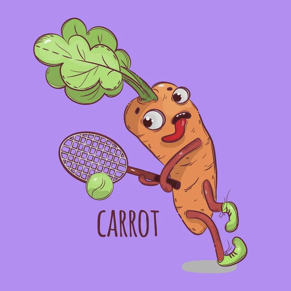Carrot Tennis Sport Cartoon Zeleninové Zdraví Výživa Paleo Keto Dieta — Stockový vektor