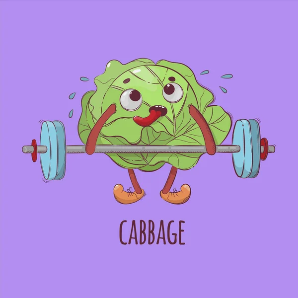 Cabbage Peso Levantador Esporte Desenhos Animados Vegetais Saúde Nutrição Natureza —  Vetores de Stock
