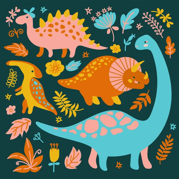 Dino Collection Grunge Prehistoric Cartoon Animals Vector Illustration Set Print — стоковый вектор