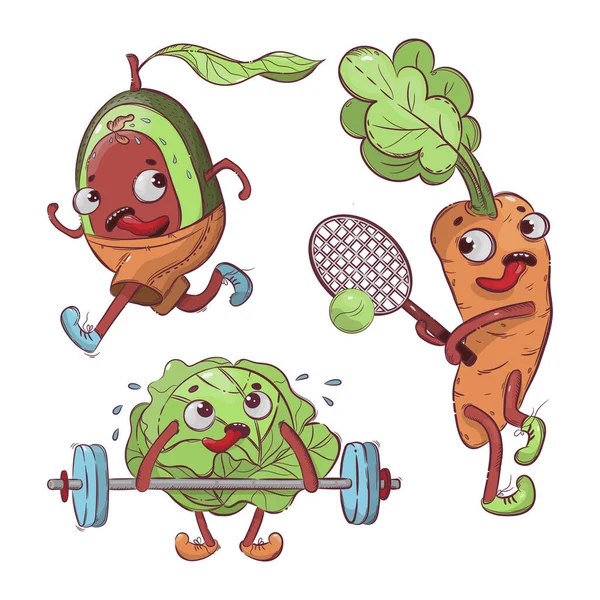 Sport Vegetables Cartoon Shirt Print Vector Illustration Set — Stockový vektor
