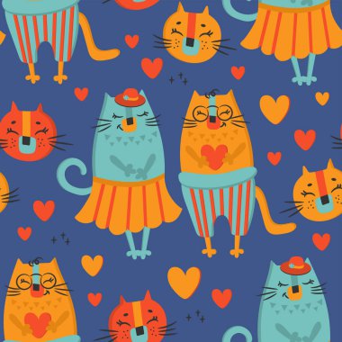 AŞK KEDİ El Çizimi Kusursuz Desensiz Şekil Vektörü İllüstrasyonu