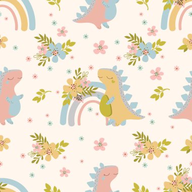 DINO DREAMS El Çizimi Kusursuz Desen Vektör Çizimi