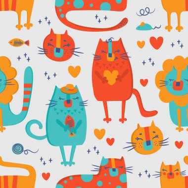 CAT CIRCUS El Çizimi Kusursuz Desenli Şekil Vektörü İllüstrasyonu