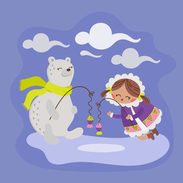 Alaska Bear Flat Design Winter Girl Vector Illustration Set — стоковий вектор