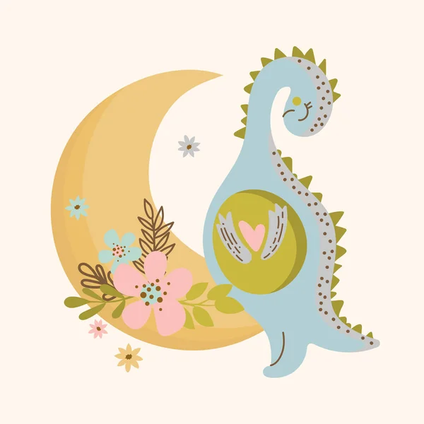 Moon Dino Cartoon Hand Drawn Vector Illustration Print — Stock Vector