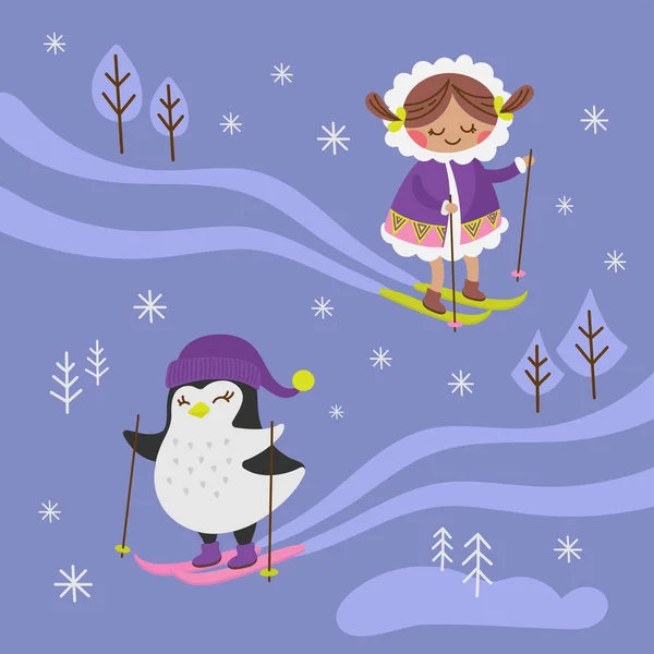 Arctic Fantasy Set Illustrazione Vettoriale Invernale Ragazza Pinguino — Vettoriale Stock