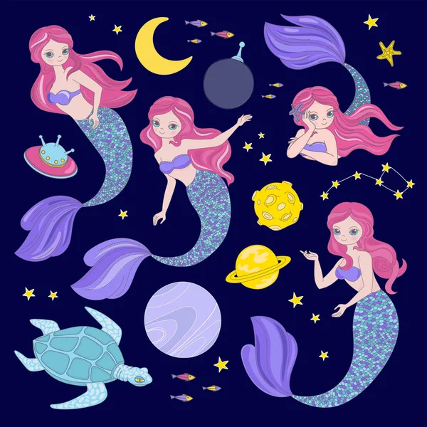 Mermaid Constellation Space Princess Vector Illustration Set — Stock Vector