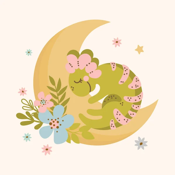 Moon Dino Illustrazione Vettoriale Disegnata Mano Baby Apparel Print — Vettoriale Stock