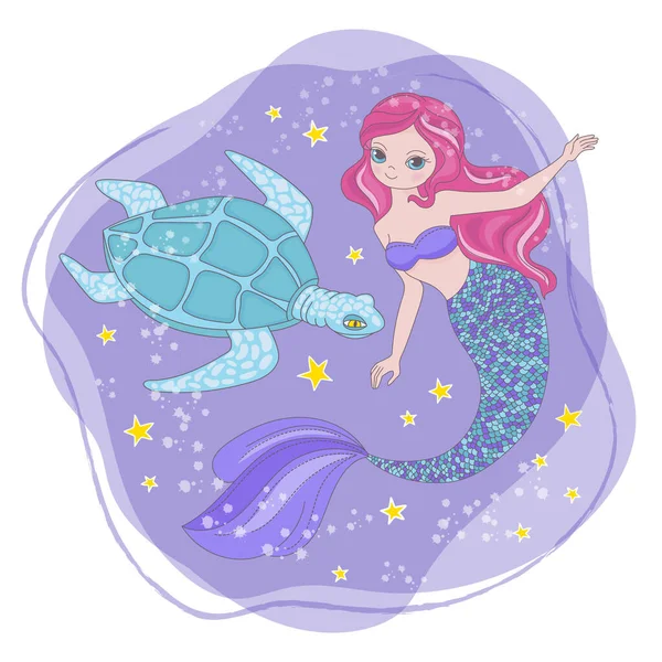 Turtle Mermaid Espaço Princesa Cartoon Vector Ilustração Set — Vetor de Stock