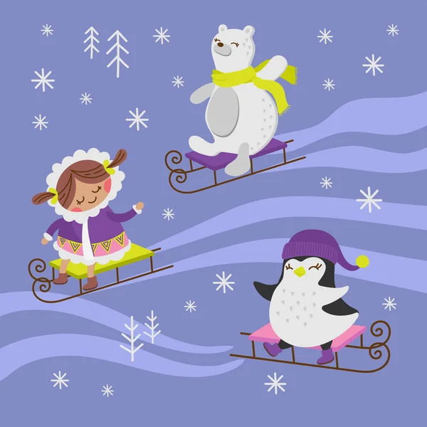 Illustrazione Del Vettore Festa Inverno Progettazione Piana Del Led Penguin — Vettoriale Stock