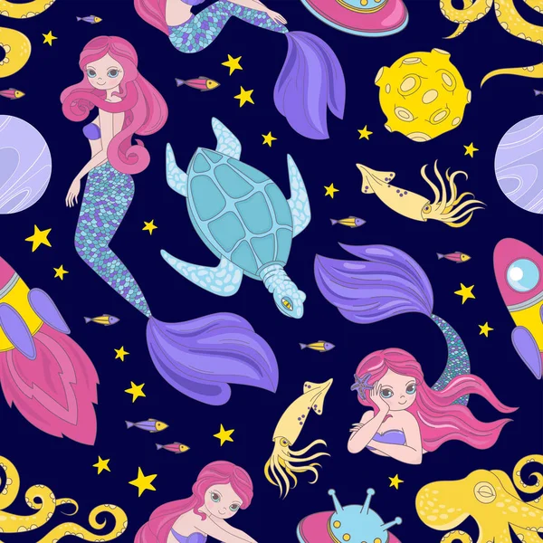 Mermaid Cloth Espaço Mar Princesa Padrão Sem Costura Vector — Vetor de Stock