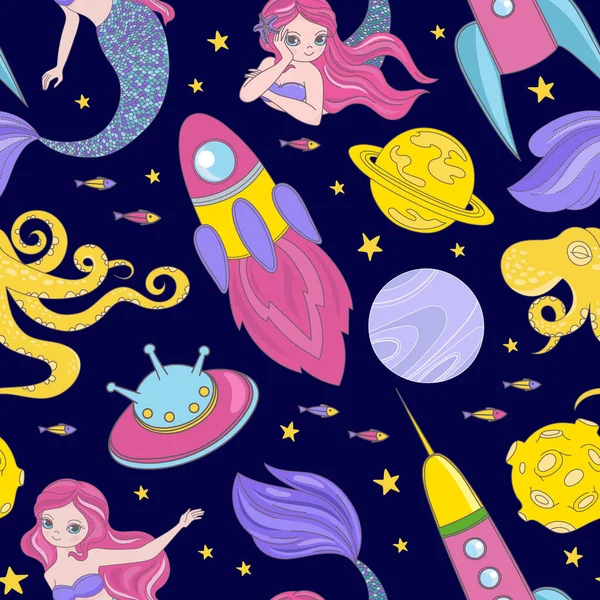 Mermaid Universe Cosmos Princess Seamless Pattern Vector — Stock Vector