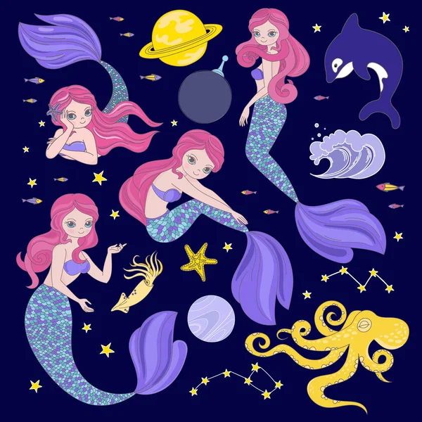 Mermaid Space Set Ilustración Vectorial Princesa Galáctica — Vector de stock