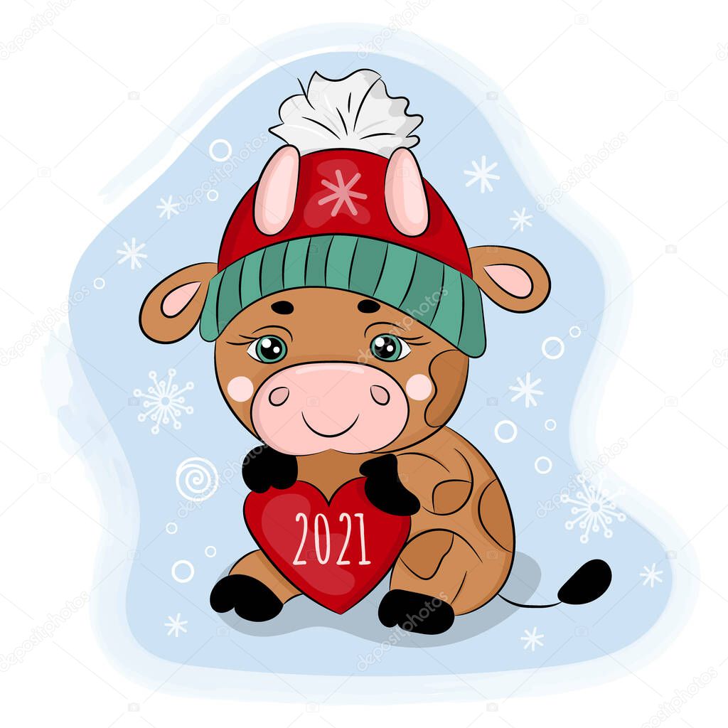 CUTE CARTOON BULL WITH HEART 2021 IN A WINTER HAT Vector