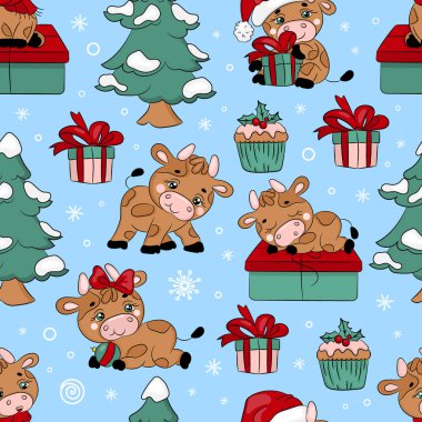 Boğa ve Noel Ağacı Kusursuz Desen Vektör İllüstrasyonu