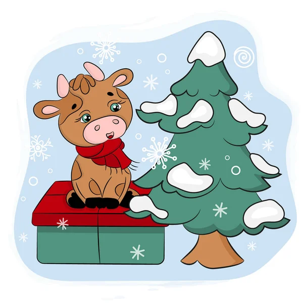 Cute Bull Gift Christmas Tree Vector Illustration Set — Vettoriale Stock