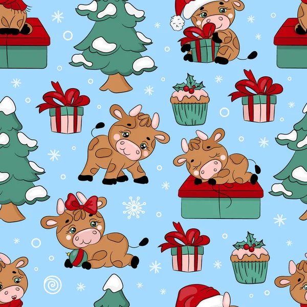 Bull Christmas Árbol Sin Costura Patrón Vector Ilustración — Vector de stock
