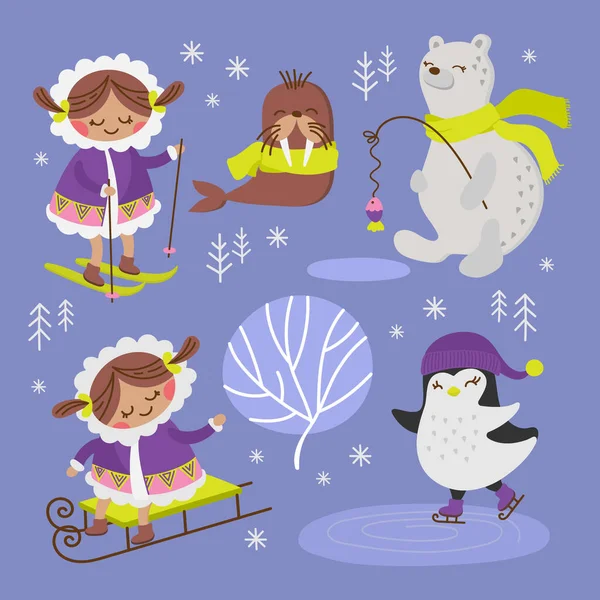 Eskimo Walrus Winter Cartoon Animal Vector Illustration Set — 스톡 벡터