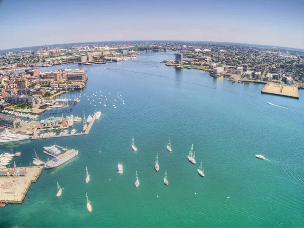 Boston Massachusetts Skyline Van Bovenaf Door Drone Tijdens Zomertijd — Stockfoto