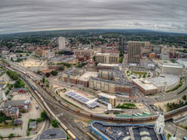 Aerial Drone View of Worcester, Massachusetts on a Cloudy Day clipart