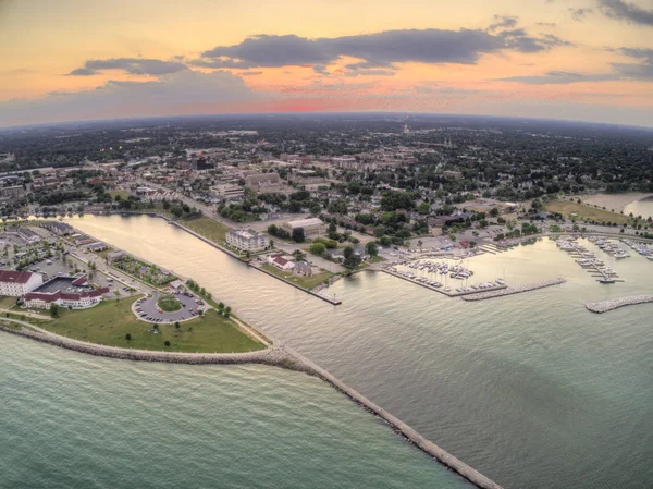 Aerial Sunset View Sheboygan Wisconsin Nad Jeziorem Michigan — Zdjęcie stockowe
