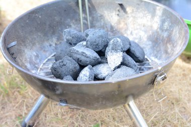 Kadın aşçı et ve diğer sebzeleri ızgarada pişiriyor.