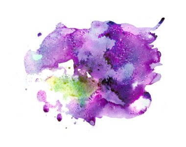 Suluboya ve mürekkep dokusu. Beyaz arkaplanda parlak suluboya ve mürekkep lekesi