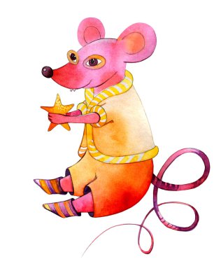 Elinde yıldız olan güzel bir sıçan. Mutlu yeni semboller 2020. Noel komik faresi, suluboya ile çizim yapıyor. Kartpostallar ve bebek resimleri için. 