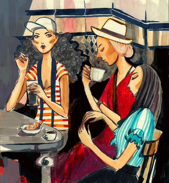 Три Девушки Пьют Кофе Кафе Баре Ресторане Стоковая Картинка