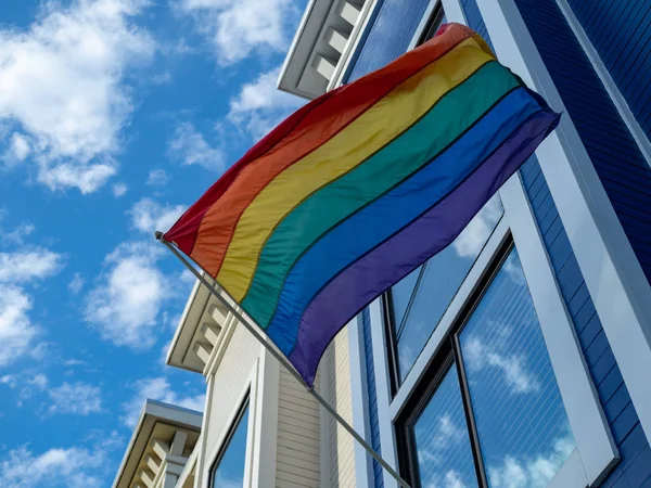 Upward View Gay Pride Lgbt Flag Handing House — Stock Photo, Image
