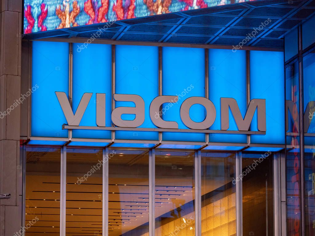 NEW YORK, NY  MAY 16, 2018- Viacom logo at their Times Square headquarters entrance