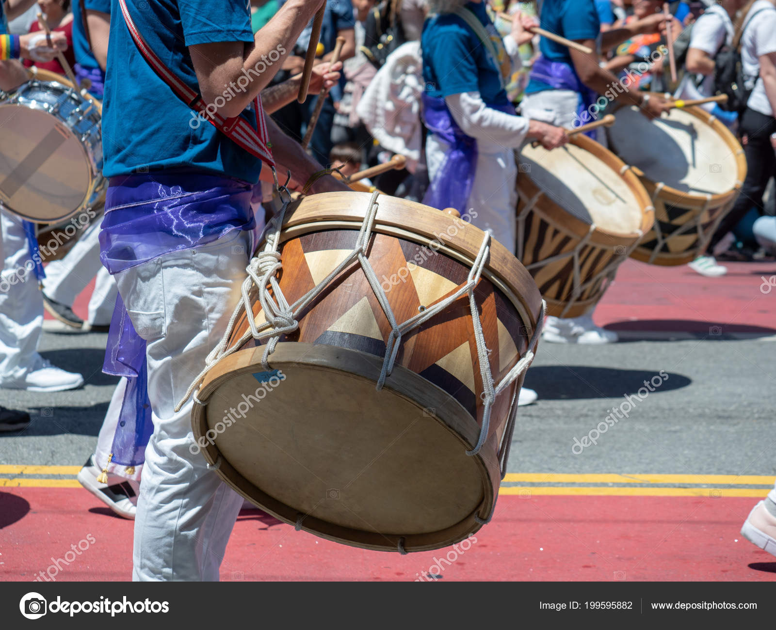 Mexican Marching Band Beats Drums While Walking Streets Carnaval Festival Stock Photo by
