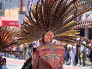 Geleneksel Meksika featherwork baş elbise yürüyüşleri Carnaval Festivali'nde giyen bir adam