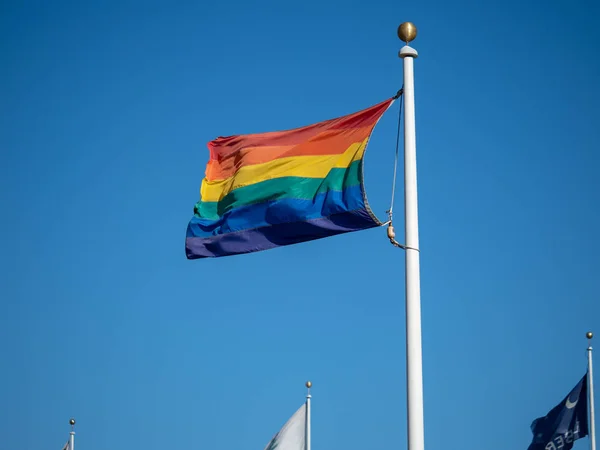 Gay Pride Flag Waving Air Blue Cloudless Sky — Stock Photo, Image
