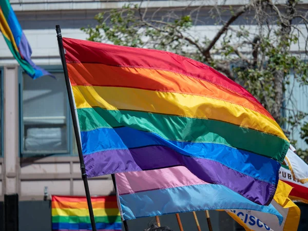 LGBT pride flag waving while marching in the San Francisco Pride Parade