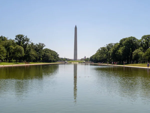 Washington Monument in front of the reflecting pool on National Mall on sunny day — Stock Photo, Image