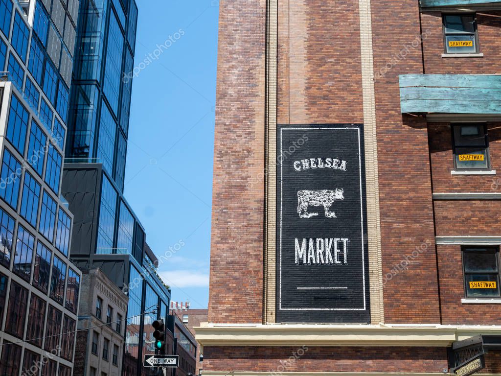 NEW YORK, NY July 14, 2018: Chelsea Market logo near entrance