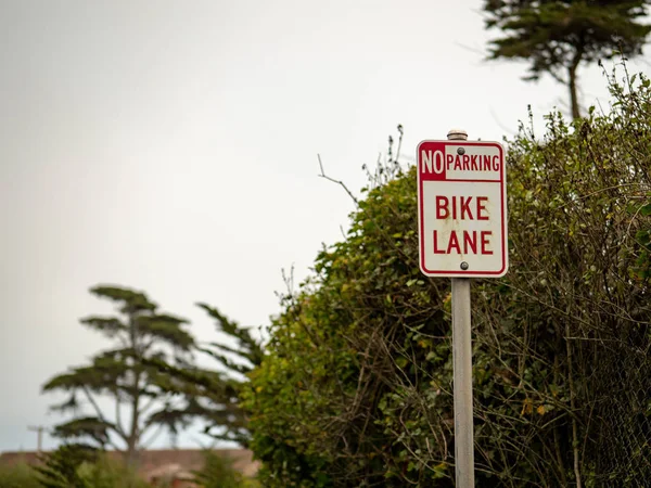 Pas de panneau de piste cyclable de stationnement accroché autour des arbres dans une rue — Photo