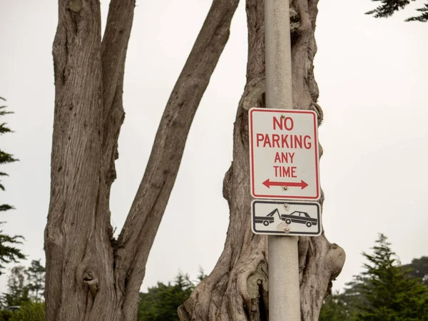 Pas de parking à tout moment signe avec symbole de remorquage dans la zone forestière — Photo