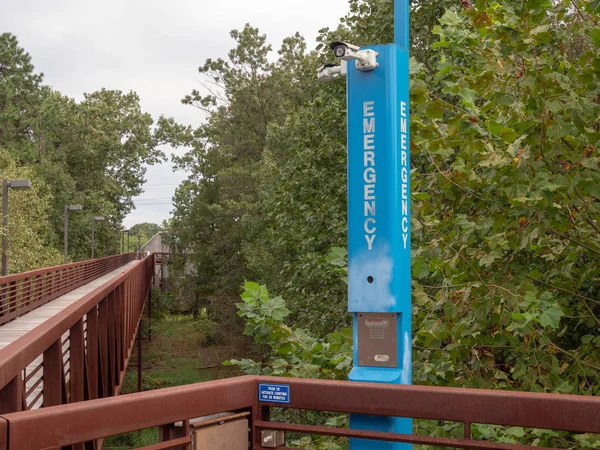 Poteau de lumière bleue d'urgence dans la zone tranquille du sentier en bois — Photo