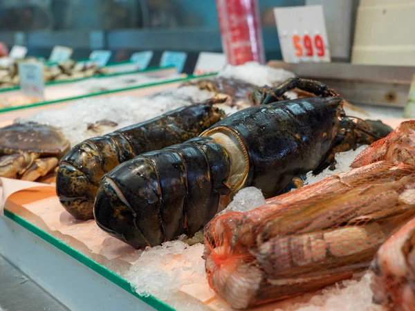 Raw, dead lobster sitting on ice in grocery store seafood section for purchase — Stock Photo, Image