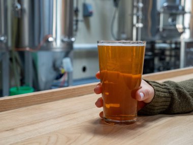 Fermantasyon tankları ve bira ekipmanları önünde tezgahta bira bira tutan kadınlar