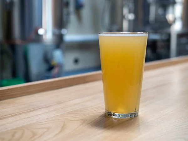 Kufel kieliszek piwa blond przed zbiornikami fermentacyjnymi i sprzętem browaru — Zdjęcie stockowe